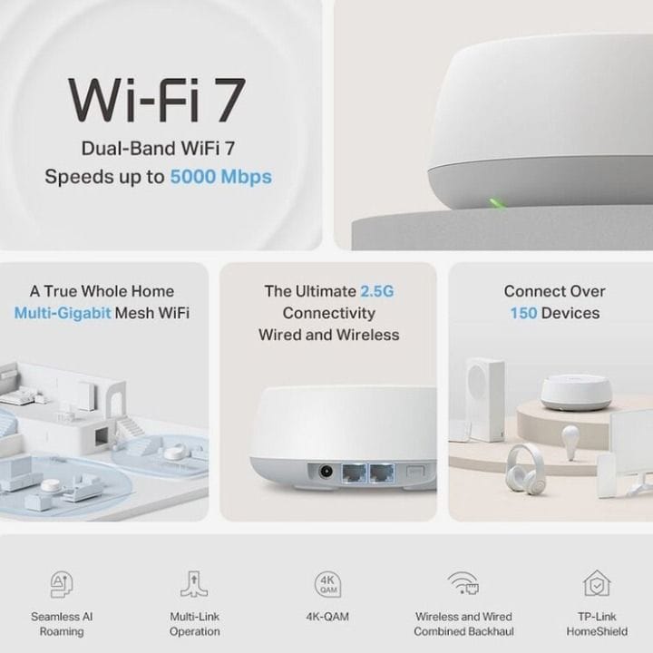 نظام تي بي لينك ديكو Wi-Fi 7 شبكي لتغطية المنزل بالكامل قطعة واحدة بسرعة 3.6 جيجابت في الثانية ثنائي النطاق وتشغيل متعدد الروابط ومنافذ 2.5G وتجوال ذكي بالذكاء الاصطناعي أبيض Deco BE25