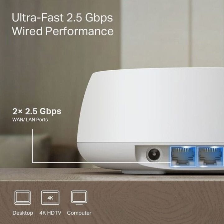 نظام تي بي لينك ديكو Wi-Fi 7 شبكي لتغطية المنزل بالكامل قطعة واحدة بسرعة 3.6 جيجابت في الثانية ثنائي النطاق وتشغيل متعدد الروابط ومنافذ 2.5G وتجوال ذكي بالذكاء الاصطناعي أبيض Deco BE25