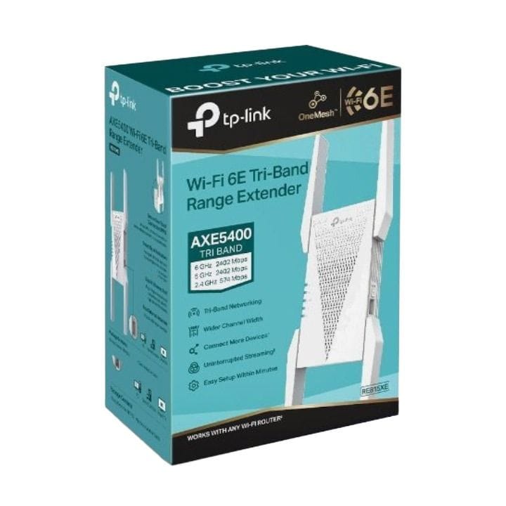 مقوي إشارة تي بي لينك Wi-Fi 6E شبكي بسرعة AXE5400 ثلاثي النطاق مع نطاق 6 جيجاهرتز ودعم OneMesh/EasyMesh ومنفذ جيجابت وتجوال ذكي أبيض