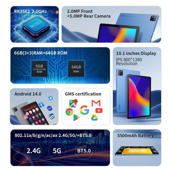 G-Tab 3GB RAM 64GB ROM 5G Android Tablet 10 Inch, Latest Android 14,UNISOC T606 Quad-Core Processor, 5500mAh Battery Capacity - Gray - T9