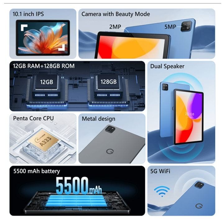 G-Tab 4GB RAM 128GB ROM 5G Android Tablet 10.1 Inch, Latest Android 15 With Allwinner A333 Quad-Core Processor, Long-Lasting 5000mAh Battery - Blue - T9 Pro