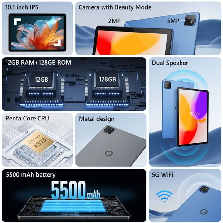 G-Tab 4GB RAM 128GB ROM 5G Android Tablet 10.1 Inch, Latest Android 15 With Allwinner A333 Quad-Core Processor, Long-Lasting 5000mAh Battery - Gray - T9 Pro