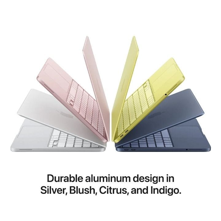 حاسوب محمول ماك بوك نيو مقاس 13 بوصة – شريحة A18 برو، معالج مركزي سداسي النواة، معالج رسومي خماسي النواة، شاشة ريتينا ليكويد، ذاكرة عشوائية 8 جيجابايت، سعة تخزين 512 جيجابايت، مستشعر بصمة الإصبع | لون نيلي – MHFG4AB/A