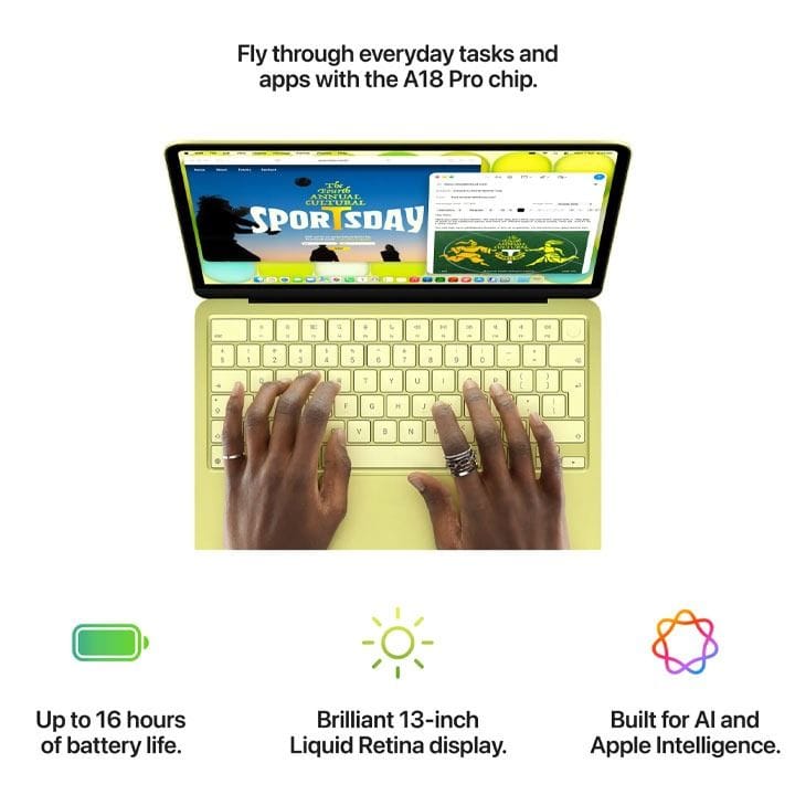 حاسوب محمول ماك بوك نيو مقاس 13 بوصة – شريحة A18 برو، معالج مركزي سداسي النواة، معالج رسومي خماسي النواة، شاشة ريتينا ليكويد، ذاكرة عشوائية 8 جيجابايت، سعة تخزين 512 جيجابايت، مستشعر بصمة الإصبع | لون نيلي – MHFG4AB/A