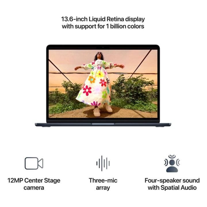 حاسوب محمول ماك بوك إير مقاس 13 بوصة – شريحة إم 5، معالج مركزي عشاري النواة، معالج رسومي ثماني النواة، ذاكرة عشوائية 16 جيجابايت، سعة تخزين 512 جيجابايت، شاشة ريتينا ليكويد، بطارية تدوم طوال اليوم | لون منتصف الليل – MDHE4AB/A