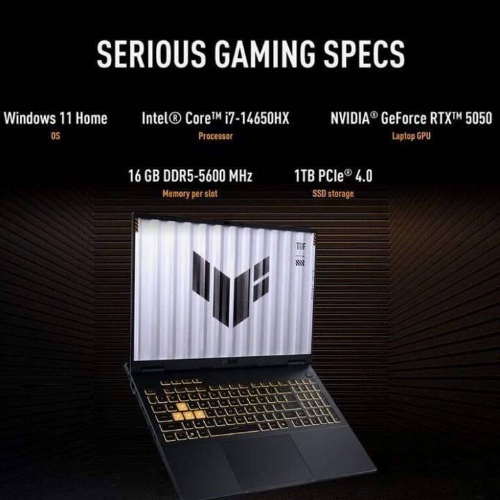 أسوس تاف جيمينغ F16 لابتوب ألعاب – آي 7-14650 إتش إكس، شاشة 16 بوصة WUXGA بتردد 165 هرتز IPS، آر تي إكس 5050 سعة 8 جيجابايت، ذاكرة 16 جيجابايت DDR5، تخزين 1 تيرابايت SSD | جايغر غراي – FX608JHR-RV001W