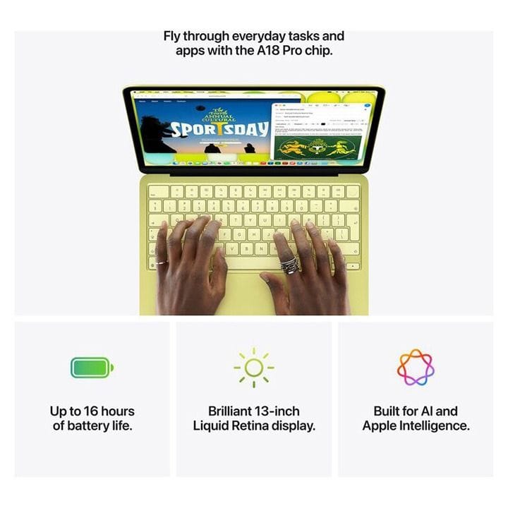 أبل ماك بوك جديد 13 بوصة 8 جيجابايت / 256 جيجابايت – شريحة A18 Pro، لوحة مفاتيح إنجليزية/عربية، معالج سداسي النواة، معالج رسوميات بخمسة نوى، شاشة Liquid Retina، Touch ID | فضة– MHFA4AB/A