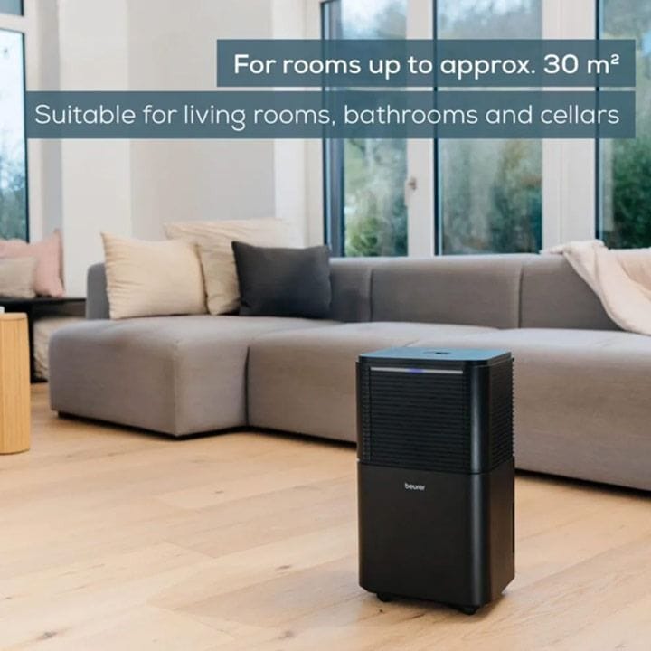 Beurer Air Dehumidifier 12L/Day 2L Tank Auto Humidity Control Laundry Drying Digital Display Timer 30m² Coverage | Black - LE150