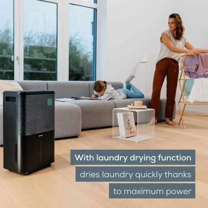 Beurer Air Dehumidifier 20L/Day 4L Tank Auto Humidity Control Laundry Drying Digital Display Timer 60m² Coverage | Black - LE250