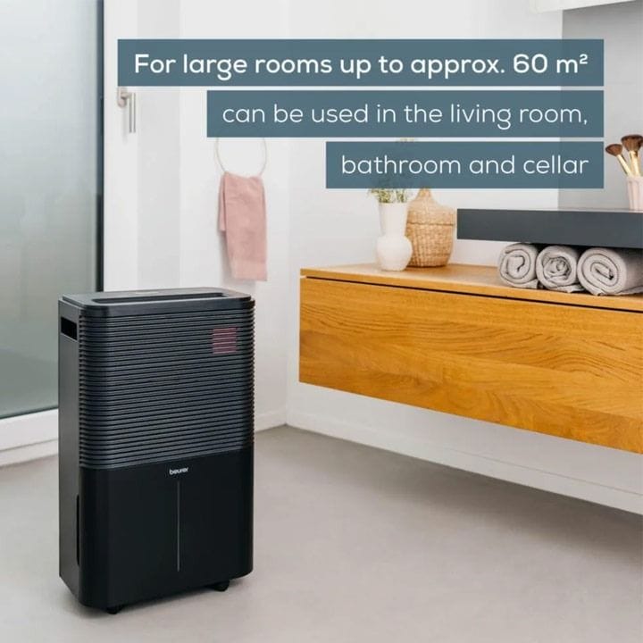 Beurer Air Dehumidifier 20L/Day 4L Tank Auto Humidity Control Laundry Drying Digital Display Timer 60m² Coverage | Black - LE250