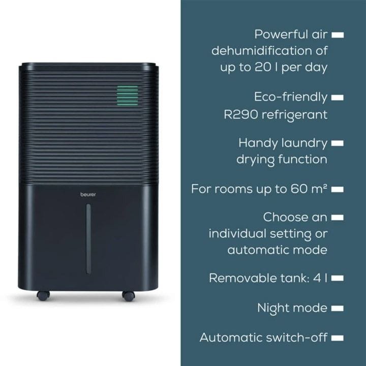 Beurer Air Dehumidifier 20L/Day 4L Tank Auto Humidity Control Laundry Drying Digital Display Timer 60m² Coverage | Black - LE250