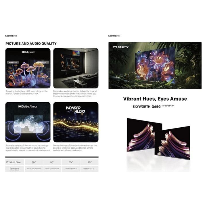 Skyworth 65-inch QLED UHD Google TV 4K Smart TV HDR10 Dolby Audio Chromecast Voice Control Frameless | Black - 65Q6500G