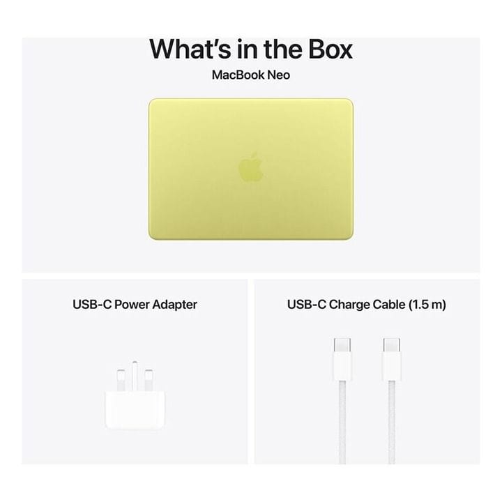 آبل ماك بوك نيو 13 بوصة 8 جيجابايت / 512 جيجابايت – شريحة A18 برو، لوحة مفاتيح إنجليزي QWERTY، معالج 6 أنوية، معالج رسومي 5 أنوية، شاشة Liquid Retina، Touch ID | لون سيترس – MHFE4ZS/A