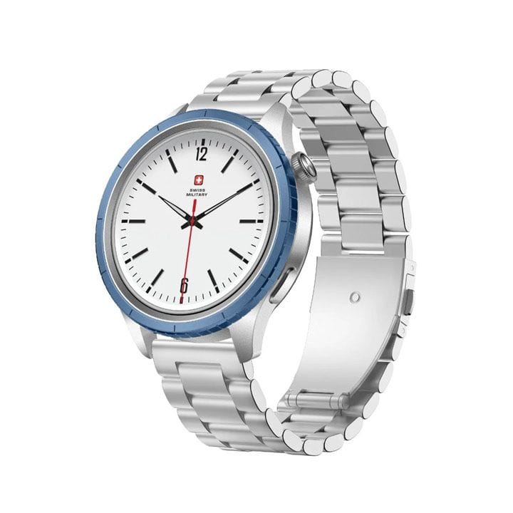Swiss Military DOM 8 Smartwatch – Silver Stainless Steel Strap, Blue Watch Ring, Premium Durable Design | SM-WCH-DOM8-SILF-BLU-RING-STLS