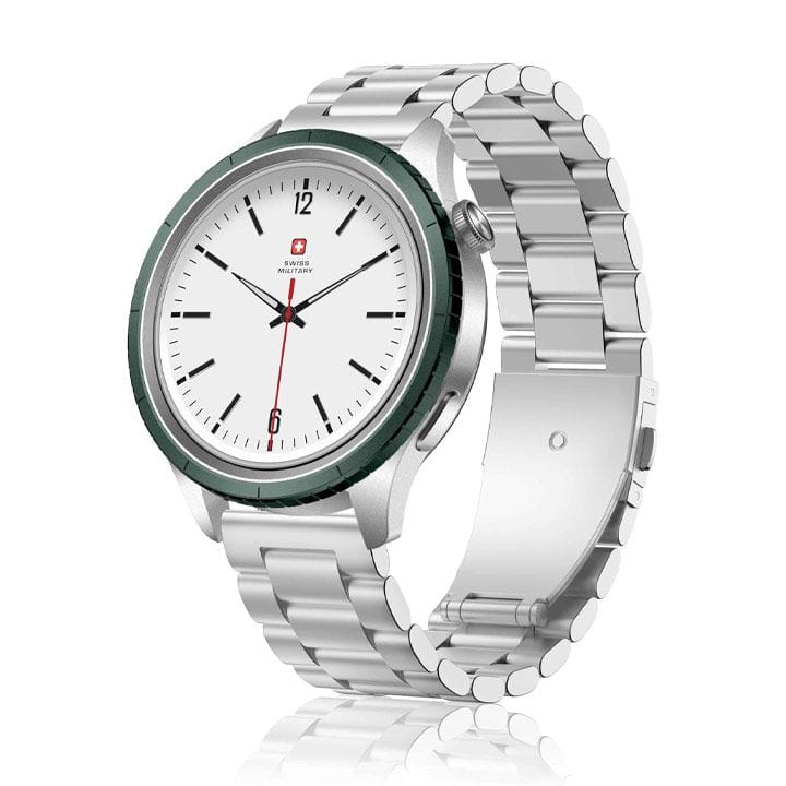 Swiss Military DOM 8 Smartwatch – Silver Stainless Steel Strap, Green Watch Ring, Premium Durable Design | SM-WCH-DOM8-SILF-GRN-RING-STLS