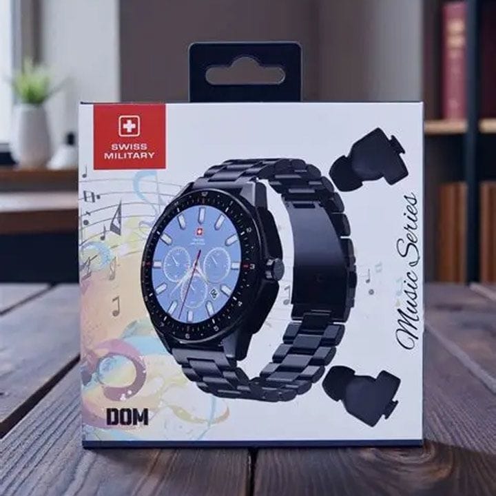 ساعة ذكية سويس ميليتاري دوم سلسلة موسيقية 1 – سماعات لاسلكية مدمجة، هيكل بلون المعدن الرمادي الداكن، سوار شبكي أسود، تشطيب أنيق | SM-WCH-DOM-MUS1-GUNMF-BLKMS