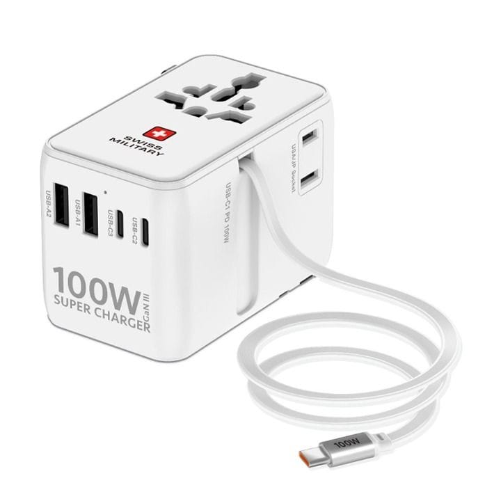 Swiss Military International Travel Adapter 100W GaN – Universal Charger with Inbuilt Cable, Compact Fast Charging, White | SM-TC-100W-GAN-MINI-CABLE-WHI