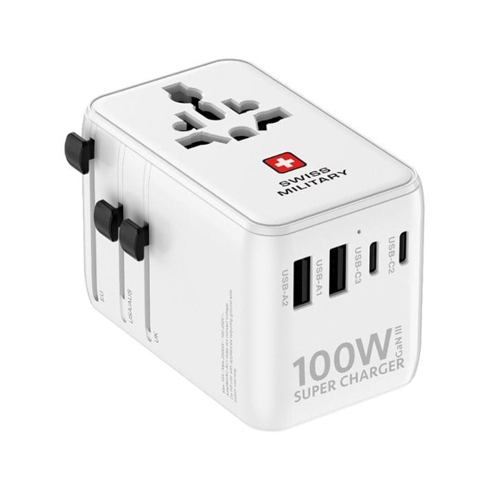 Swiss Military International Travel Adapter 100W GaN – Universal Charger with Inbuilt Cable, Compact Fast Charging, White | SM-TC-100W-GAN-MINI-CABLE-WHI