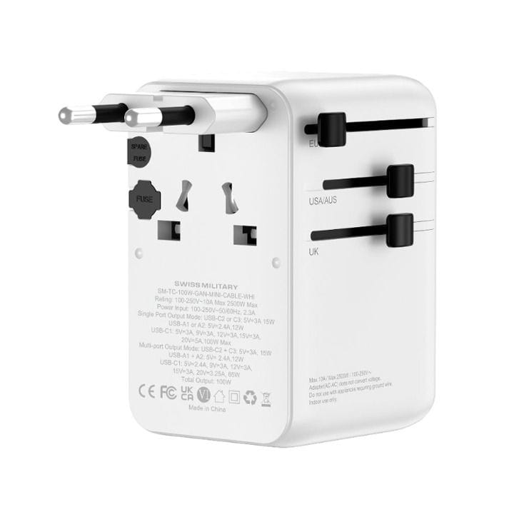 Swiss Military International Travel Adapter 100W GaN – Universal Charger with Inbuilt Cable, Compact Fast Charging, White | SM-TC-100W-GAN-MINI-CABLE-WHI