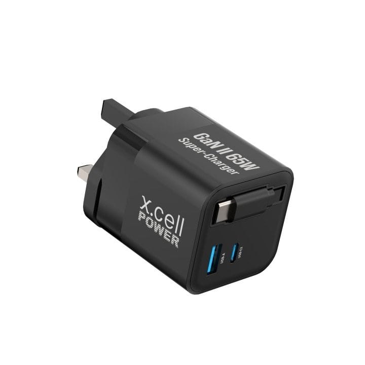 XCell USB-C + USB-A Retractable Cable 65W – Fast Charging GaN II, Durable Compact Design, Black | XL-HC-65W-GaNII-CBL-1C1A-BLK