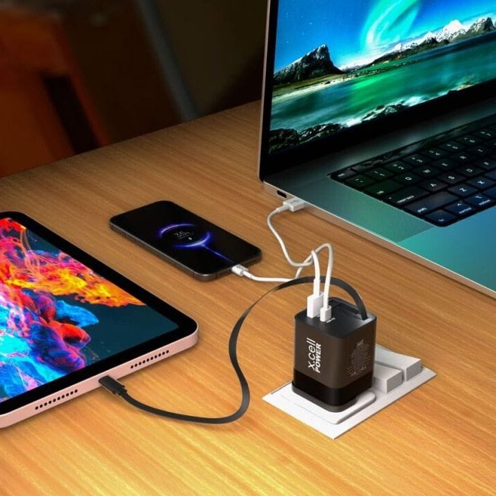 XCell USB-C + USB-A Retractable Cable 65W – Fast Charging GaN II, Durable Compact Design, Black | XL-HC-65W-GaNII-CBL-1C1A-BLK