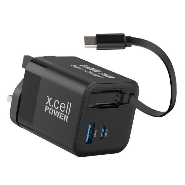 XCell USB-C + USB-A Retractable Cable 65W – Fast Charging GaN II, Durable Compact Design, Black | XL-HC-65W-GaNII-CBL-1C1A-BLK