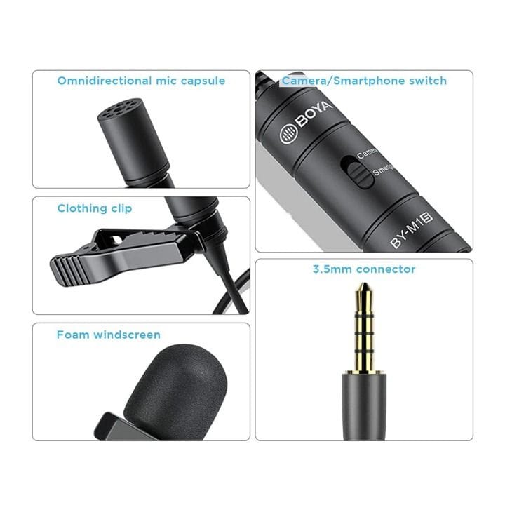 BOYA BY-M1S Universal Lavalier Microphone – Omnidirectional Clip-On Mic, 3.5mm TRRS Connector, Smartphone Camera Compatible | Black – BY-M1S