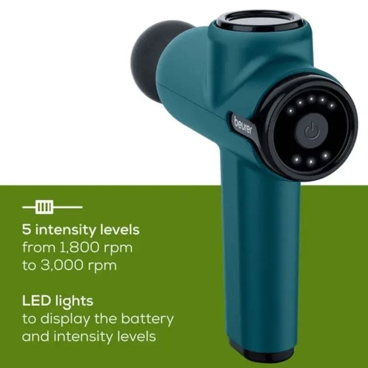 مسدس تدليك بيورر MG-99 – تدليك عضلي قوي، 5 مستويات شدة، ملحقات قابلة للتبديل، شاشة LED وبطارية ليثيوم أيون - أزرق