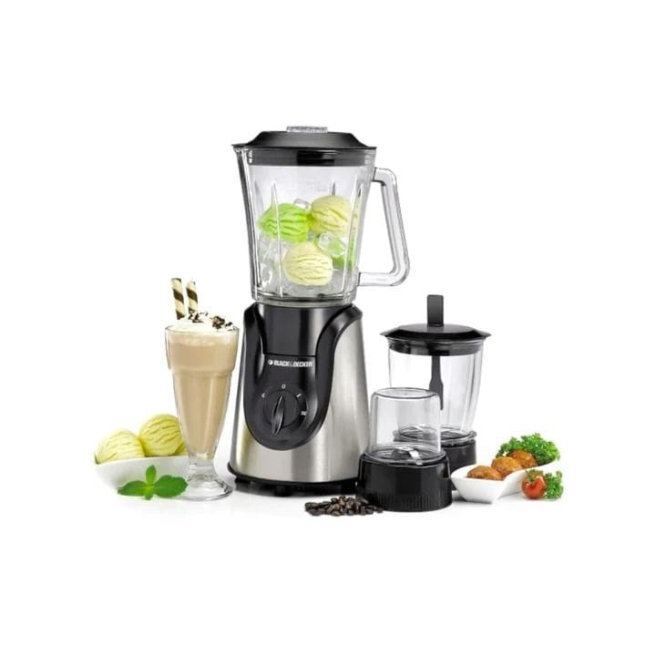 Black+Decker 600W Glass Blender With Glass Jar And Two Mills, Mincer And Grinder, 1.5L Capacity, 3 Speed Controls - Black/Silver - BX600G-B5