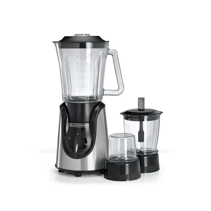 Black+Decker 600W Glass Blender With Glass Jar And Two Mills, Mincer And Grinder, 1.5L Capacity, 3 Speed Controls - Black/Silver - BX600G-B5