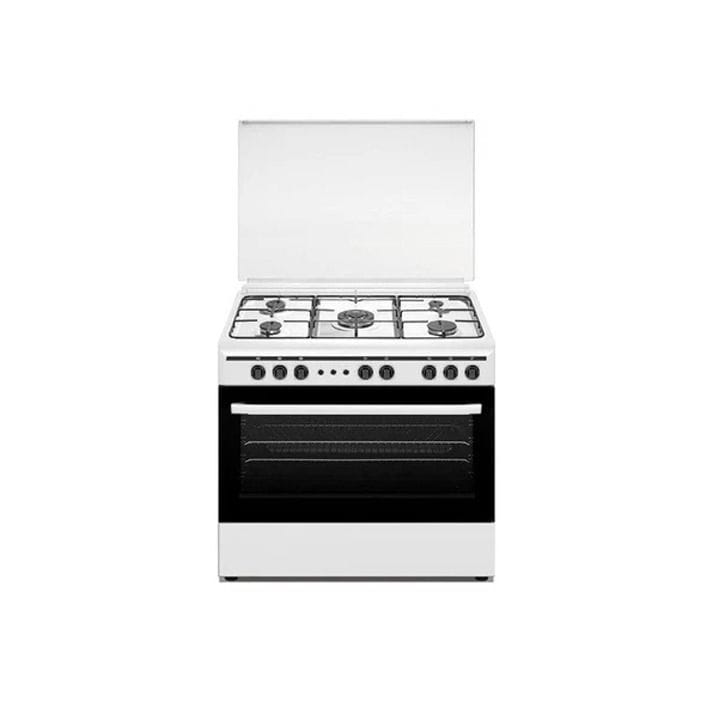 ALM 5-Burner Free Standing Gas Cooker 90x60cm, Automatic Ignition, Durable Cast Iron Pan Supports, Easy-To-Use Controls - White - ALM-9060GWS