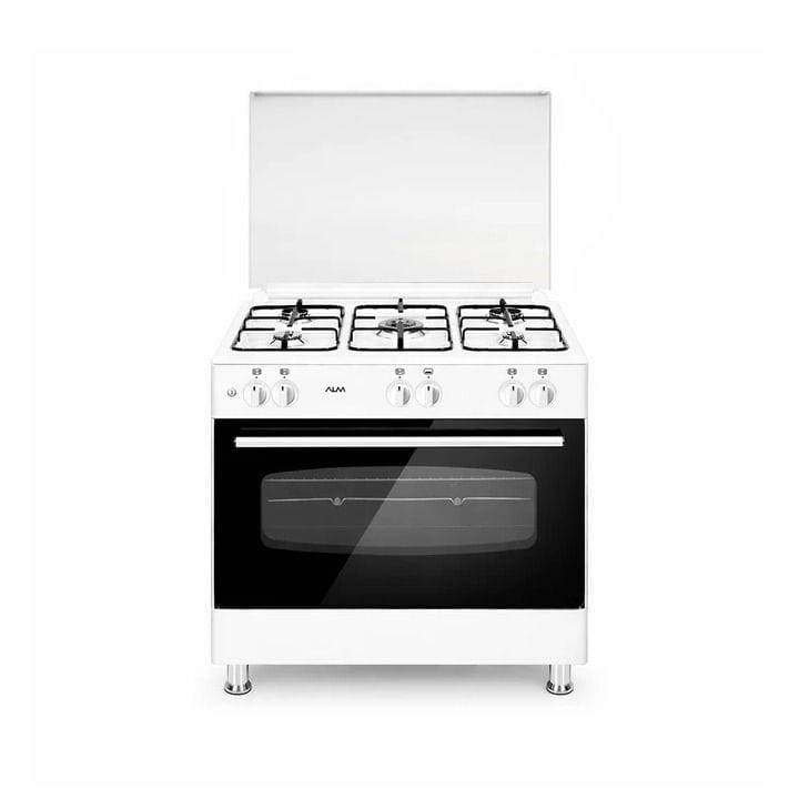 ALM 5-Burner Free Standing Gas Cooker 90x60cm, Front Control Panel, Glass Lid Cover, Durable Design - Silver/Black - ALM-9060GWO