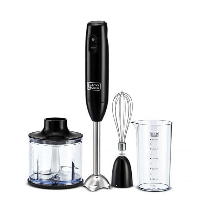 Black+Decker 3-in-1 Multifunction Hand Blender 600W With Chopper, Anti-Slip Design, Dual Speed Control, Stainless Steel Blades - Black/Clear - HB600-B5