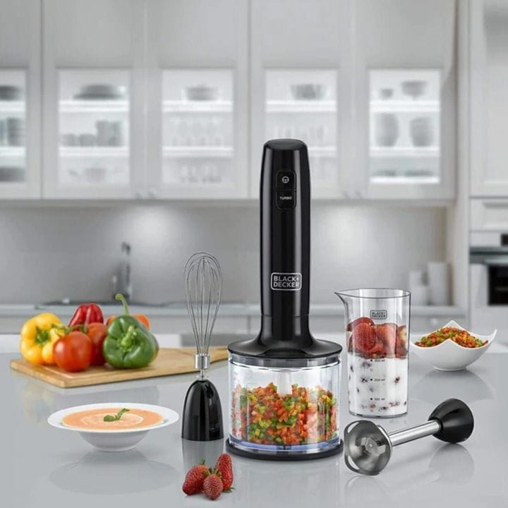 Black+Decker 3-in-1 Multifunction Hand Blender 600W With Chopper, Anti-Slip Design, Dual Speed Control, Stainless Steel Blades - Black/Clear - HB600-B5