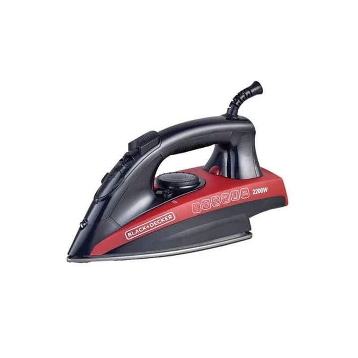 Black+Decker Steam Iron 2200W, 220ml Water Tank, Non-Stick Soleplate, Self-Clean Function, Measuring Cup Included - Black/Red - X2200-B5