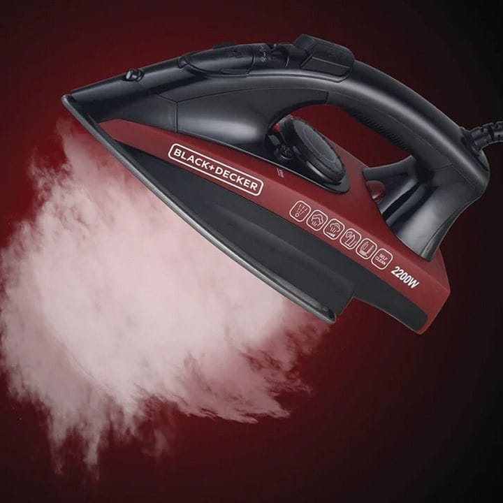 Black+Decker Steam Iron 2200W, 220ml Water Tank, Non-Stick Soleplate, Self-Clean Function, Measuring Cup Included - Black/Red - X2200-B5