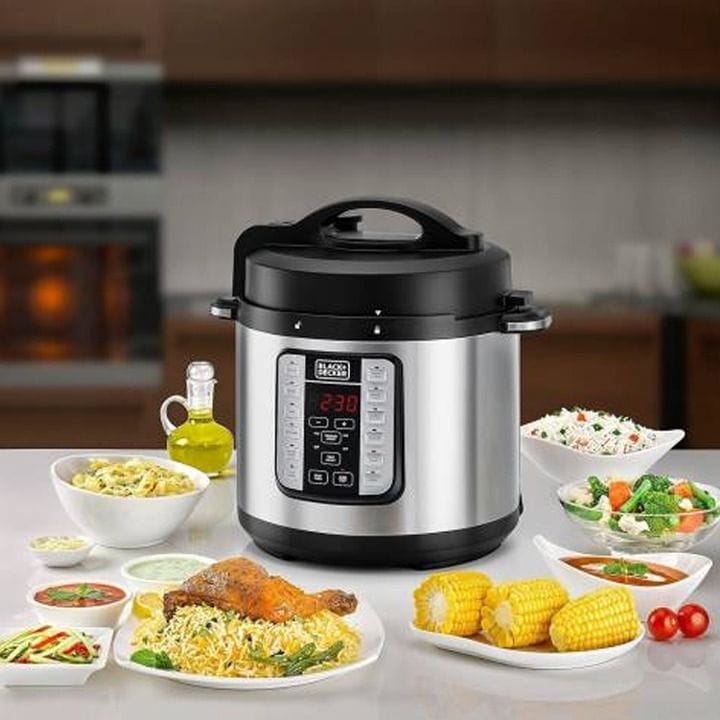 Black+Decker Digital Pressure Cooker 1000W, 6L Capacity, LED Display, Modern Design - Black/Silver - PCP1000-B5