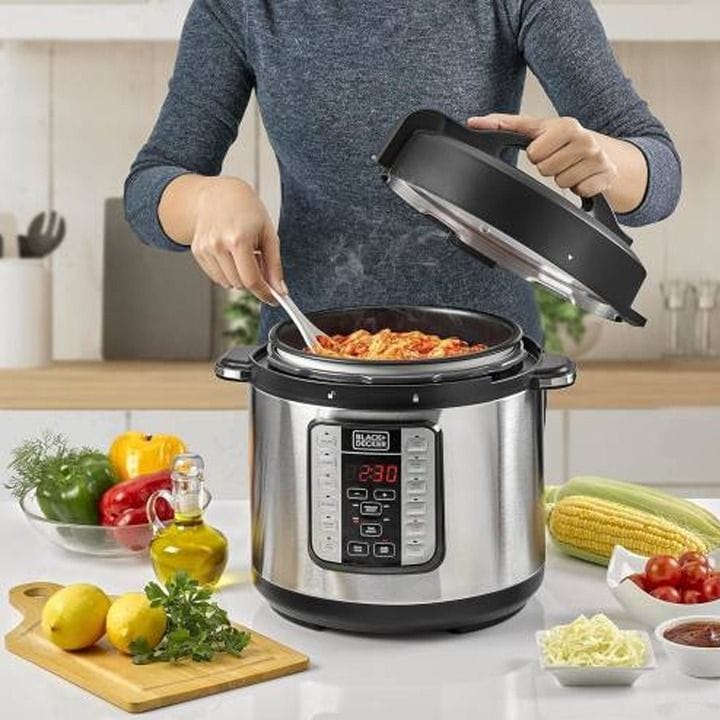 Black+Decker Digital Pressure Cooker 1000W, 6L Capacity, LED Display, Modern Design - Black/Silver - PCP1000-B5