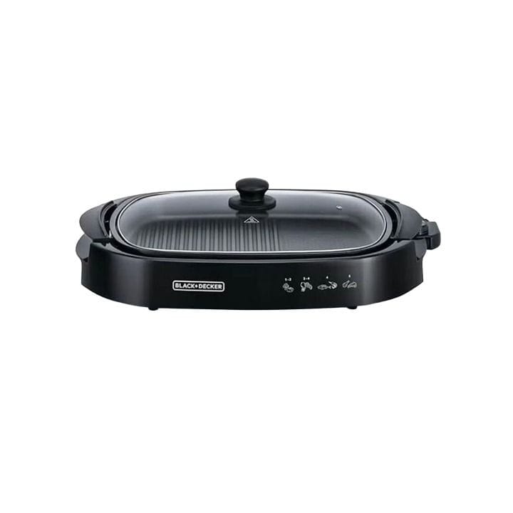 Black+Decker Flat Health Grill 1500W, Non-Stick Cooking Surface, Curved Glass Lid, Efficient Fat Draining System - Black - GH1500-B5