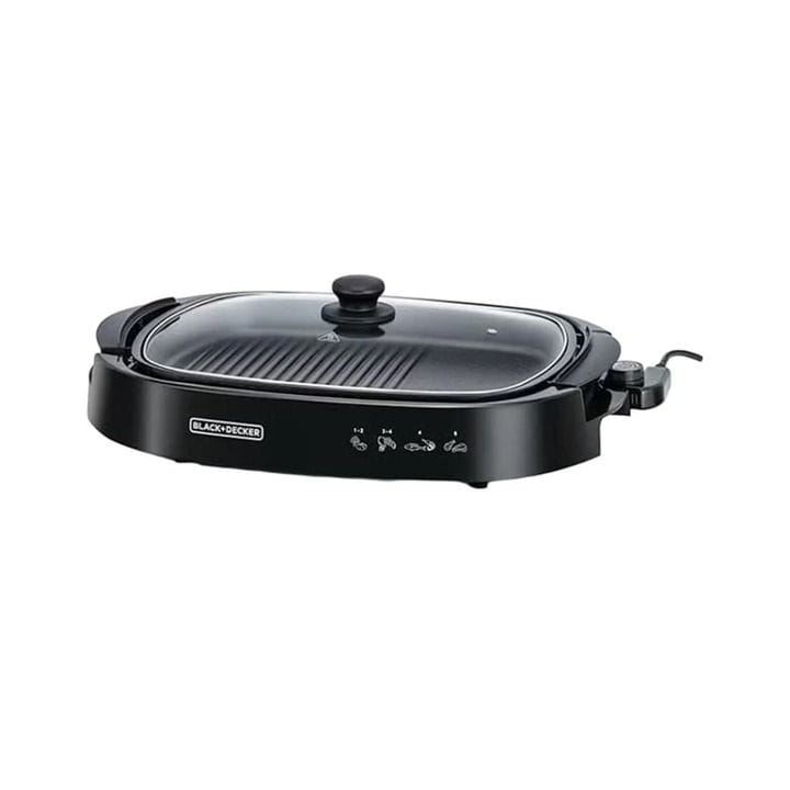 Black+Decker Flat Health Grill 1500W, Non-Stick Cooking Surface, Curved Glass Lid, Efficient Fat Draining System - Black - GH1500-B5
