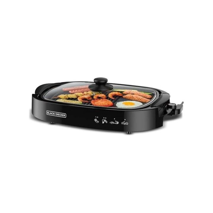 Black+Decker Flat Health Grill 1500W, Non-Stick Cooking Surface, Curved Glass Lid, Efficient Fat Draining System - Black - GH1500-B5