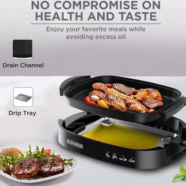 Black+Decker Flat Health Grill 1500W, Non-Stick Cooking Surface, Curved Glass Lid, Efficient Fat Draining System - Black - GH1500-B5