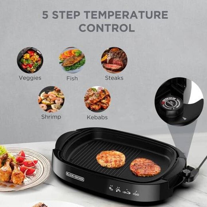 Black+Decker Flat Health Grill 1500W, Non-Stick Cooking Surface, Curved Glass Lid, Efficient Fat Draining System - Black - GH1500-B5
