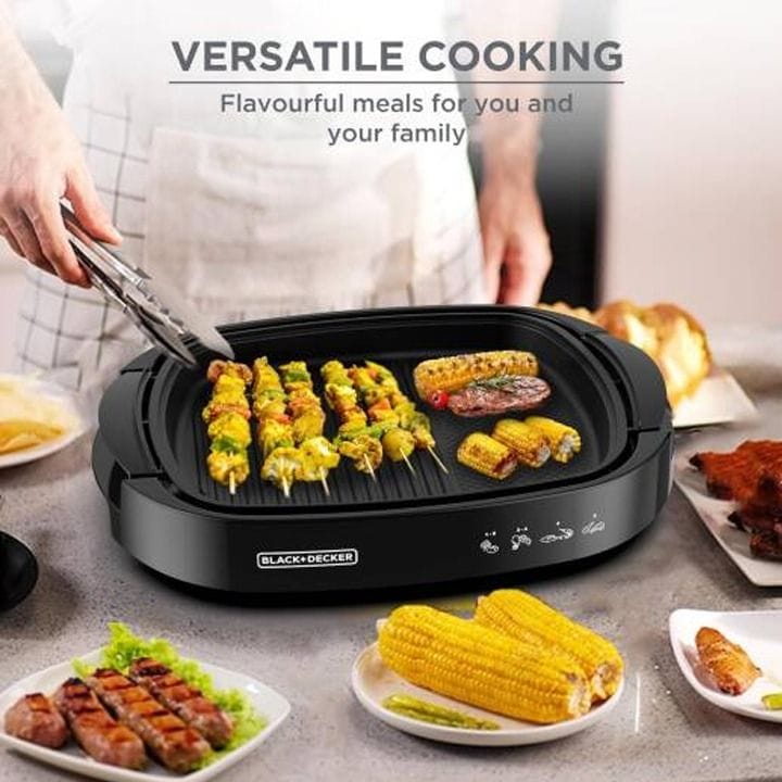 Black+Decker Flat Health Grill 1500W, Non-Stick Cooking Surface, Curved Glass Lid, Efficient Fat Draining System - Black - GH1500-B5