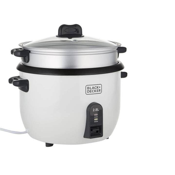 جهاز طبخ الأرز بلاك+ديكر بطبقة غير لاصقة 1100W، سعة 2.8L، غطاء زجاجي، خاصية الحفاظ على السخونة - أبيض/أسود - RC2850-B5