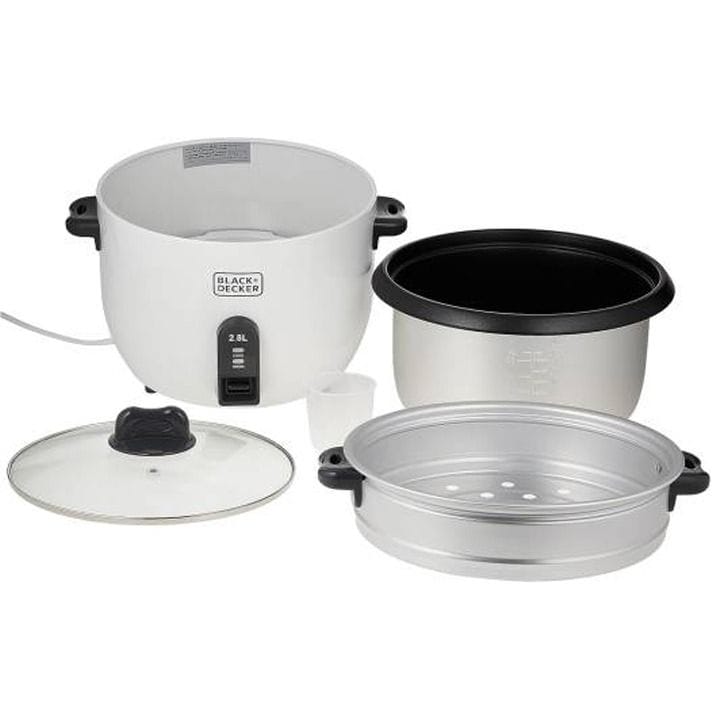 جهاز طبخ الأرز بلاك+ديكر بطبقة غير لاصقة 1100W، سعة 2.8L، غطاء زجاجي، خاصية الحفاظ على السخونة - أبيض/أسود - RC2850-B5