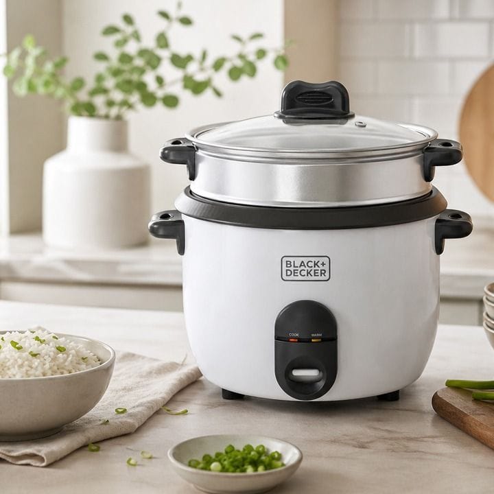جهاز طبخ الأرز بلاك+ديكر بطبقة غير لاصقة 700W، سعة 1.8L، غطاء زجاجي، وعاء قابل للإزالة، صينية تبخير - أبيض/أسود - RC1860-B5