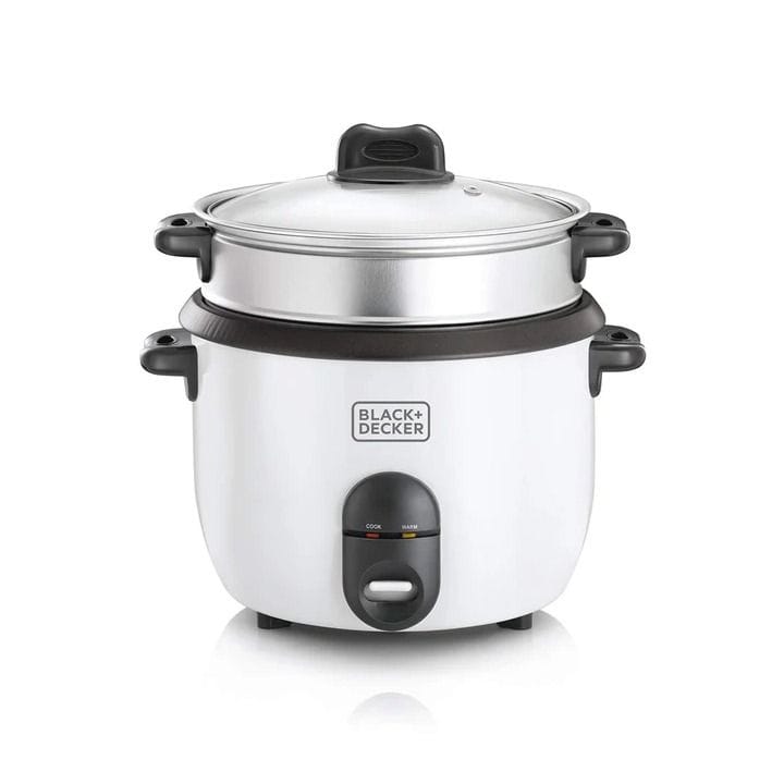 جهاز طبخ الأرز بلاك+ديكر بطبقة غير لاصقة 700W، سعة 1.8L، غطاء زجاجي، وعاء قابل للإزالة، صينية تبخير - أبيض/أسود - RC1860-B5