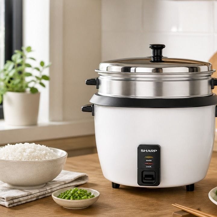 جهاز طبخ الأرز شارب 700W، سعة 1.8L، ملحق تبخير، وعاء غير لاصق، غطاء زجاجي مقوّى - أبيض - KS-H188G-W3