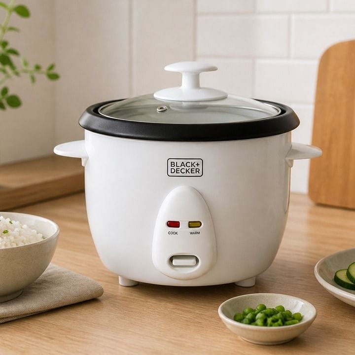 Black+Decker Rice Cooker 400W, 1L Capacity, Non-Stick Bowl, Glass Lid, Steaming Tray, Auto Warm - White - RC1050-B5